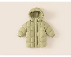 Detail of light green quilted long down jacket for girls with hood and warm padding