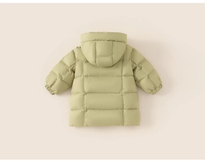 Macro view of the back of a green hooded puffer jacket with quilted padding for kids