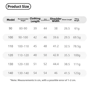 Detailed size chart for kids down jacket showing measurements and down fill weight