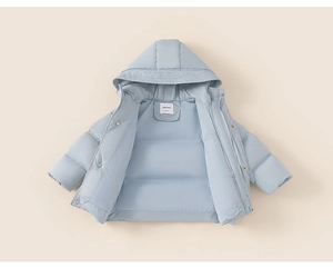 Detail view of baby down jacket with zipper, snap buttons, and blue windproof collar fabric