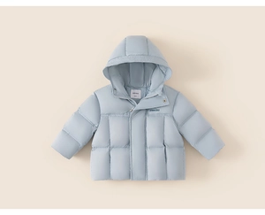 Detail of baby light blue hooded down jacket with zipper, snap buttons and soft quilting