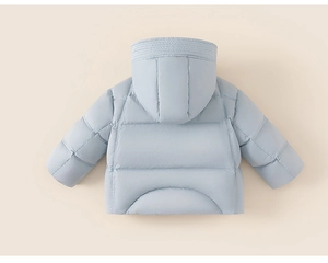 Back view of light blue hooded down jacket with horizontal quilting for children