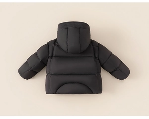 Close-up of black hooded down jacket for kids with horizontal stitching and matte finish