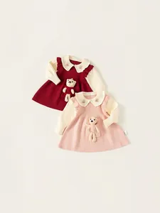 Girls' knitted A-line dress with cute 3D plush bear in pocket and Peter Pan collar