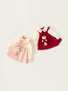 Girls long-sleeved knitted A-line dress with 3D teddy bear in pink and burgundy