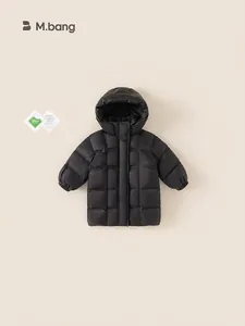 Childrens long black hooded down jacket with glossy water resistant finish and warm padding