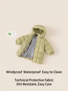 Waterproof long down coat for girls with hooded warm insulation and stain-resistant fabric