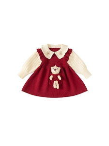 Girls' red knit dress with 3D teddy bear detail and white ruffled collar long sleeve top