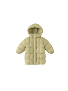 Long hooded duck down coat for girls, thick warm winter outerwear in light green yellow