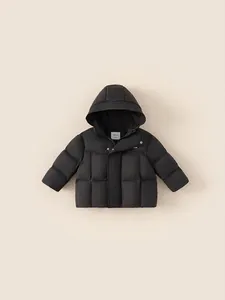 Classic black hooded down jacket for kids with horizontal quilting and snap-button closure
