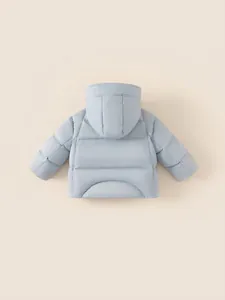 Toddler hooded down jacket in light blue with horizontal quilting and thick windproof fabric