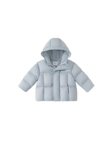 Thick light blue hooded duck down jacket for boys with windproof fabric and quilted padding
