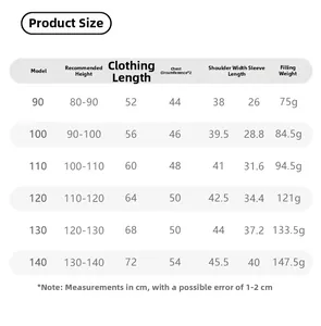 Detailed size chart for kids down jacket showing height, length, and down weight metrics