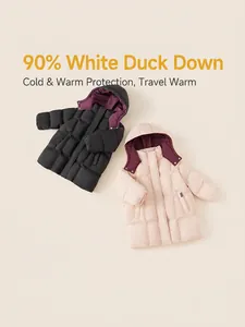 Kids long down coat with 90% white duck down padding and hood in black and pink