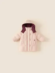 Kids long down puffer jacket in light pink with contrast purple lining and hood
