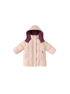 Kids long hooded down jacket in light pink with contrast burgundy lining for winter warmth