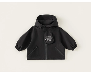 Detailed flat lay of a black kids hooded jacket with zipper pockets and outdoor prints
