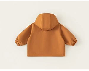 Rear view of amber hooded children jacket showing elastic cuffs and clean stitching details