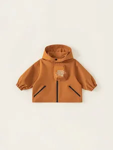 Kids casual hooded jacket in caramel with outdoor print and zip-up front closure