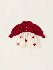 Süße Mädchen Langarm Strick Patchwork Kleid Rot Aprikose Schleife Prinzessin Kleid Mit Künstlichen Perlenknöpfen Für Frühling Herbst