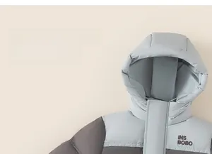 Detail view of contrast color hooded puffer jacket with INS BOBO letter printing
