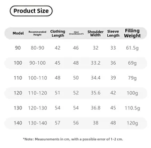 Detailed size chart for girls down jacket with height, length, and filling weight info