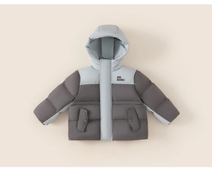 Close-up of kids hooded winter puffer jacket with grey color blocking and INS BOBO print