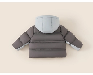 Detail view of children's hooded down jacket with gray-blue contrast stitching and quilting