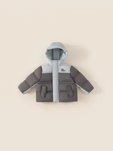 Thick hooded down jacket for girls with contrast grey panels and INS BOBO embroidery