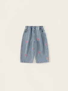 Girls wide leg light blue denim jeans with pink heart embroidery and elastic waist