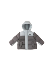 Kids hooded down jacket in gray and dark brown color block with INS BOBO print