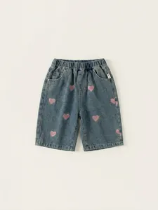 Girls' straight wide-leg blue denim jeans with pink heart embroidery and elastic waist