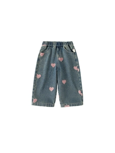 Girls' blue denim wide-leg pants with pink heart embroidery and elastic waist
