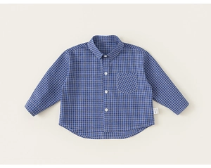 Detail of blue and white gingham cotton shirt featuring a classic collar and front buttons