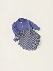Classic striped and checkered long-sleeved cotton shirts for young boys in blue and grey colors