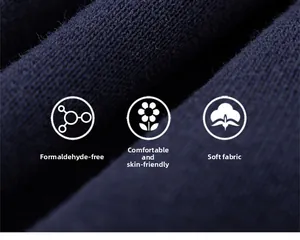 Close-up of navy knit cotton fabric showing thick texture and soft breathable quality