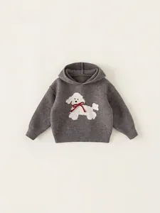 Maglione con cappuccio grigio scuro per bambini con motivo barboncino e fiocco rosso