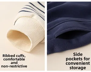 Detail view of striped ribbed cuffs and deep blue side pockets on boys' cotton set