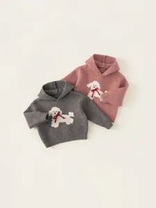 Maglioni con cappuccio in maglia per bambine con jacquard a cane e fiocchi 3D