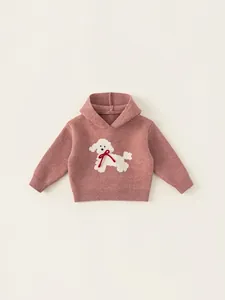 Maglione con cappuccio per bambina rosa marrone con motivo a cucciolo e fiocco rosso