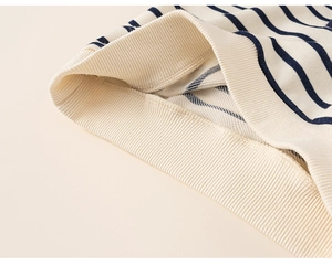 Close-up of navy and cream striped knit texture with elastic ribbed cuff details