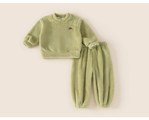 Detail of light green warm fleece loungewear set for toddlers with soft embroidery