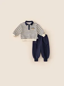 Kids Boys Casual Cotton Blend Striped Polo Sweatshirt And Jogger Pants Two Piece Set Soft Breathable Autumn Spring Outfit