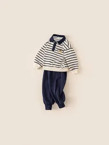Boys' casual striped polo sweatshirt and navy joggers two-piece cotton sportswear set