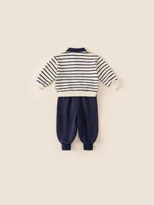 Boys long-sleeved set with blue striped polo sweatshirt and navy jogger pants