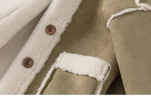 Close-up of winter jacket showing green suede fabric, white fleece lining, and brown buttons