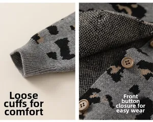 Close-up of leopard pattern knit cardigan featuring ribbed cuffs and front button closure
