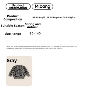 Detail info showing material composition and grey leopard knit cardigan specifications