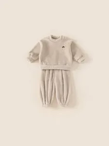 Winter fleece pajamas for kids in soft cream white with embroidered thermal sweatshirt set