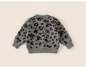 Detail shot of grey leopard pattern knitted sweater showing rib knit cuffs and neckline